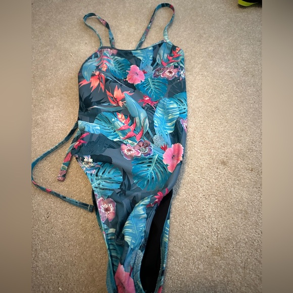 Jolyn onesie bathing suit Hawaiian print floral blue and pink swimsuit size 26 - Picture 1 of 2